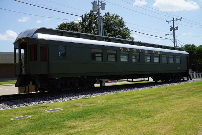 A Santa Fe passenger car at the Garland Landmark Museum, a local history museum in a former Santa Fe depot, in Garland, Texas (United States).