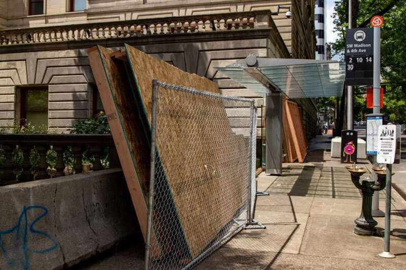 Removal of temporary (24-hour) wall surrounding Portland City Hall (Oregon) during George Floyd protests in Portland, Oregon.