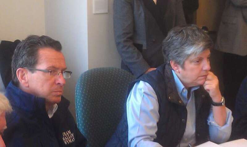 November 1, 2012 -- Governor Dannel P. Malloy with U.S. Department of Homeland Security Secretary Janet Napolitano in Bridgeport. Napolitano was in Connecticut to assist in the recovery efforts from Storm Sandy.
