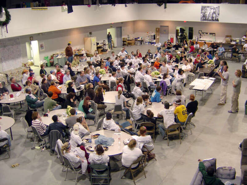 Nightly all-hands meeting at Hands On USA in Biloxi, Mississippi.
Every night at Hands On USA, after dinner, we would have the &quot;all hands&quot; meeting. This was basically a time where everyone involved, all of the volunteers and all of the