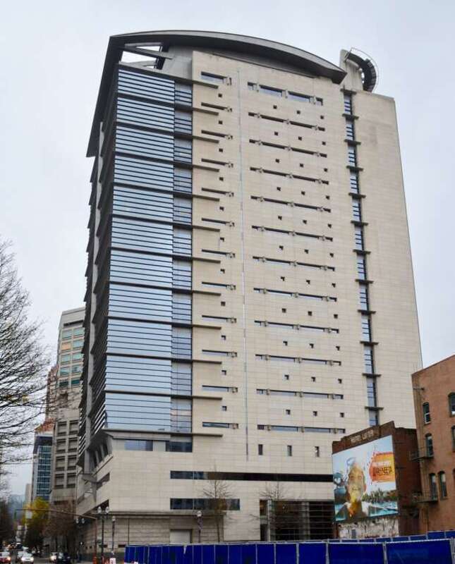 The Mark O. Hatfield United States Courthouse in Portland, Oregon, from the north in December 2017 – when the northern view of the building was temporarily almost completely unobstructed due to the recent completion of demolition of the Ancient Order