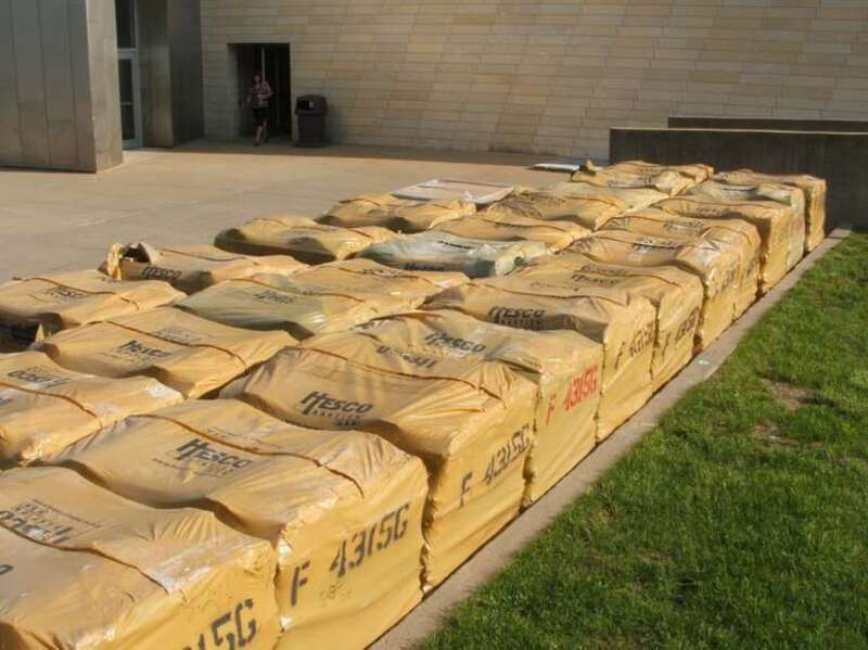 Hesco bastions as delivered to the University of Iowa in preparation for flood defense along the Iowa River.