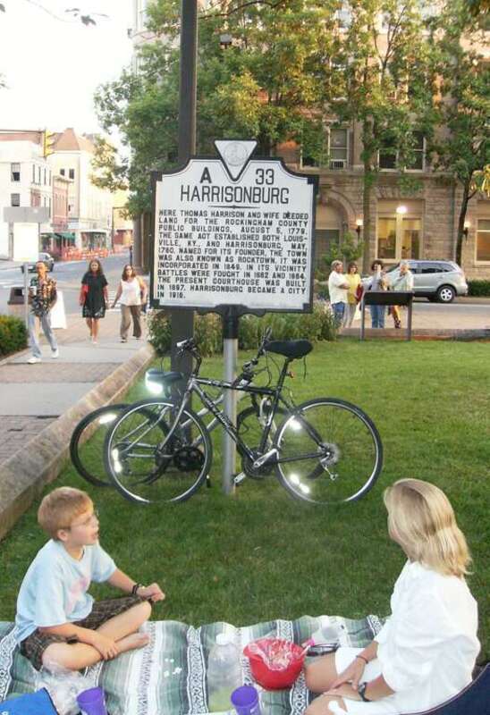 Historical marker (A 33) at Court Square in Harrisonburg, Virginia during Fridays at the Square, July 11, 2008.