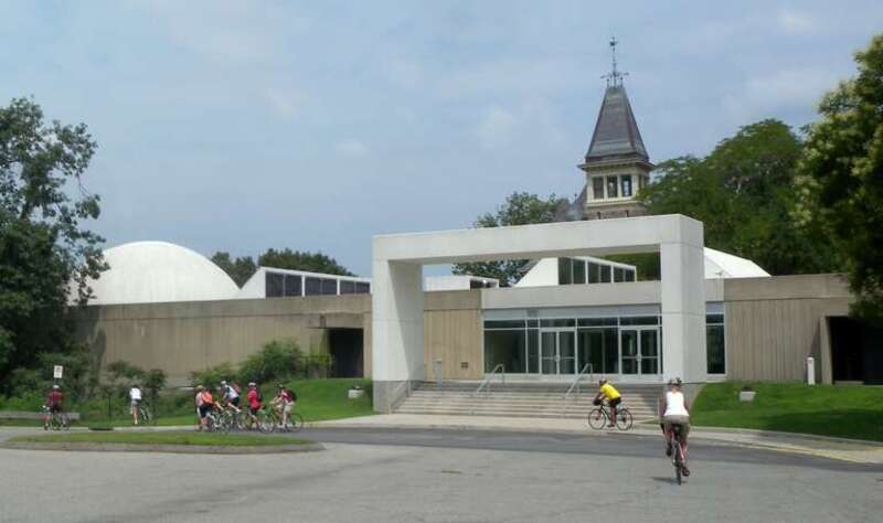 Looking north at the Hudson River Museum, Yonkers, New York, on a mostly sunny midday.