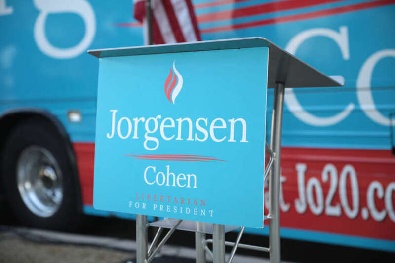 Sign for Libertarian presidential candidate Jo Jorgensen at a bus tour stop at Kiwanis Park in Tempe, Arizona.