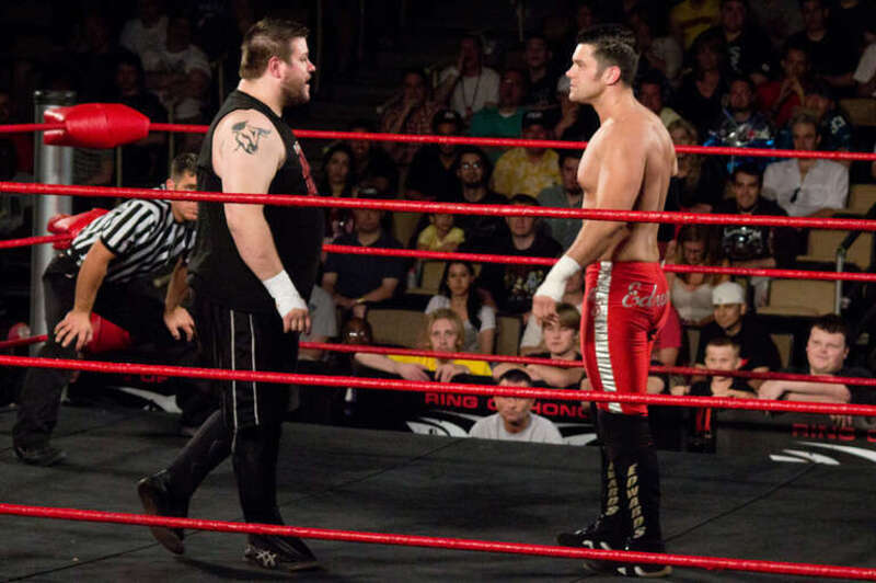 Kevin Steen and Eddie Edwards face off in the ring prior to their match at Showdown in the Sun Night 2 on March 31, 2012.