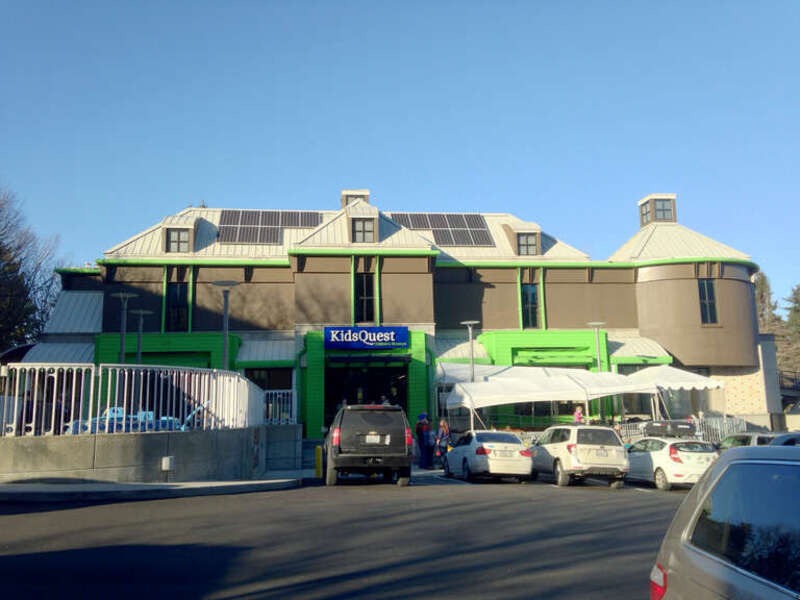 Front façade of KidsQuest Children's Museum, Bellevue, Washington, USA, in its new location as of January 2017. This building was previously the site of the Rosalie Whyel Museum of Doll Art.