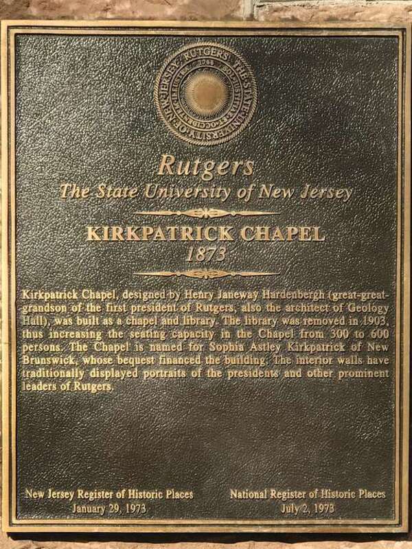 National Register of Historic Places plaque for Kirkpatrick Chapel in Queens Campus, Rutgers University in New Brunswick, New Jersey.