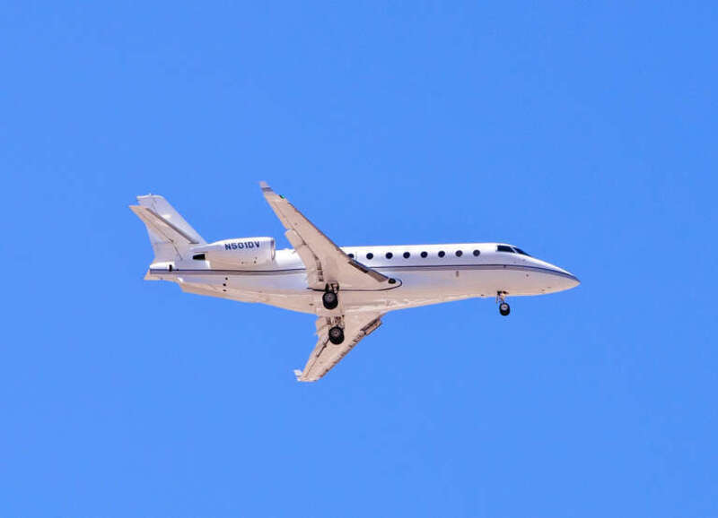 This is a fairly new (built 2008) Gulfstream G200 that is registered to LA Fitness in Irvine, California.
Aircraft is landing on Runway 1L at McCarran International Airport, Las Vegas. I am at the Silverton Lodge &amp;amp; Casino parking area, which is