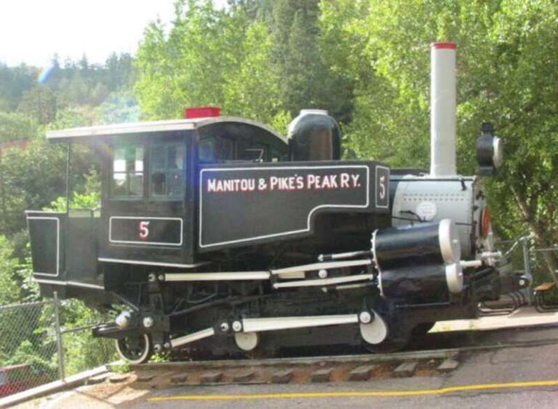 Preserved Manitou and Pike's Peak Railway locomotive number 5 at the Manitou Springs depot