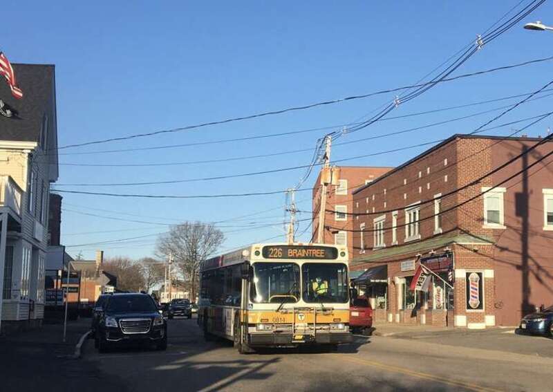 MBTA route 226 bus on Pleasant Street in South Weymouth in March 2021