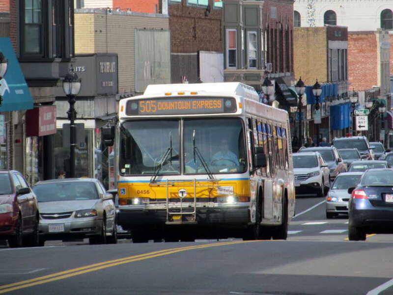 MBTA route 556 bus on Moody Street in Waltham in April 2017