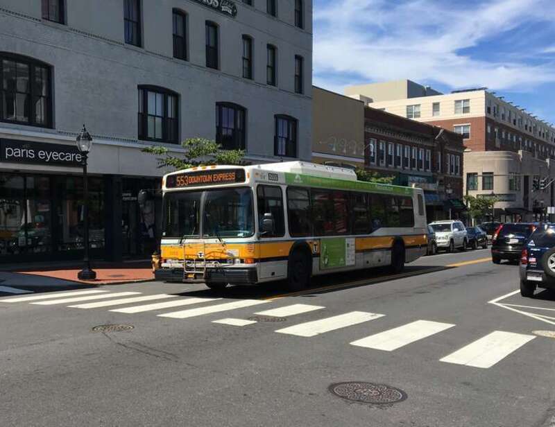 An MBTA route 553 bus on Moody Street in Waltham in August 2017