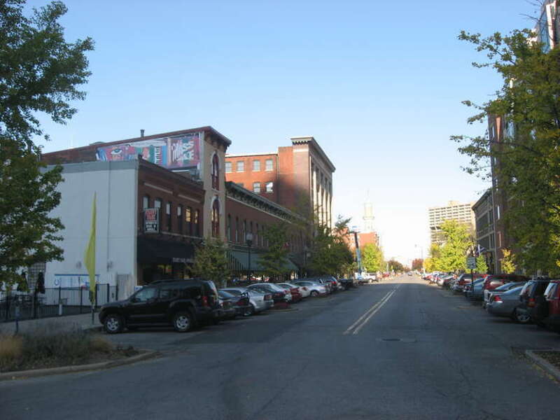 Buildings on the northwestern side of the first block of Massachusetts Avenue in Indianapolis, Indiana, United States.  This block is part of a historic district, the Massachusetts Avenue Commercial District, which is listed on the National Register