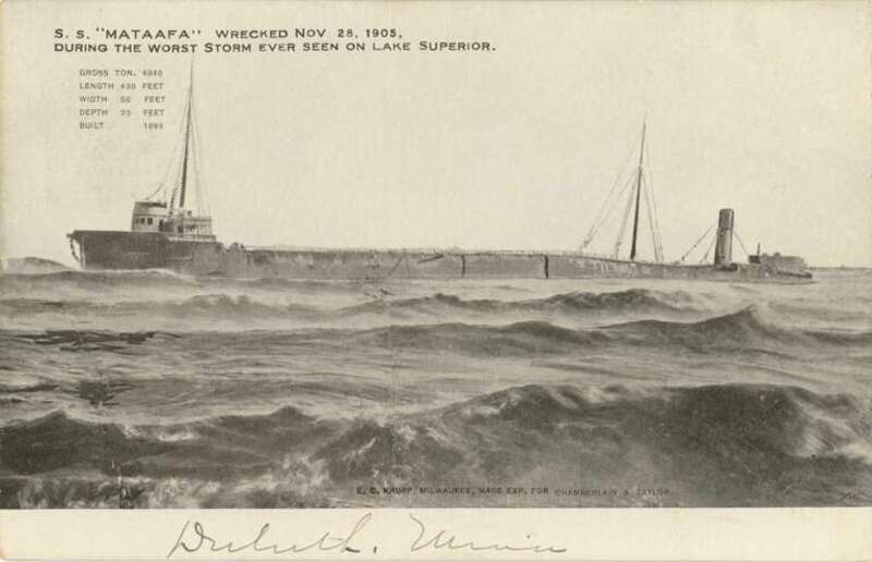 A photo postcard of the Great Lakes freighter Mataafa lying wrecked at the entrance to Duluth harbor after the storm of 28 November 1905.