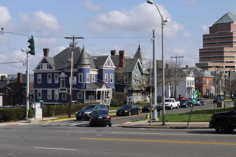 Houses on the east side of Broad Street, Middletown, Connecticut near Washington Street (Connecticut Route 66). The first two are contributing properties of the Washington Street Historic District (NRHP reference number 85001018), and the others of