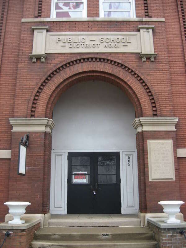 Main entrance to the former Miller School, located at 665 Lake Street in Gary, Indiana, United States.  It was built in 1910.