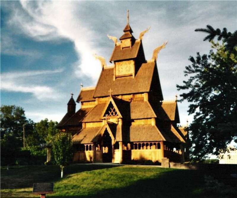 A reproduction of a &quot;stave&quot; church in the Scandinavian Heritage Park in Minot, North Dakota