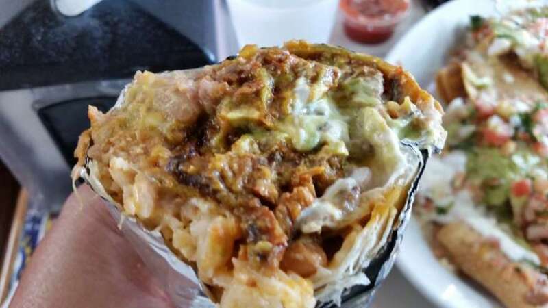 Cross section of a Mission-style burrito sold by El Super Burrito in Millbrae, California