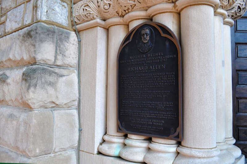 Mother Bethel A.M.E. Church Historic Plaque, 6th and Lombard Sts. Philadelphia PA: Mother Bethel African Methodist Episcopal Church, founded on this site 1787 by Richard Allen (a former slave). This ground, purchased by Richard Allen for a church, is