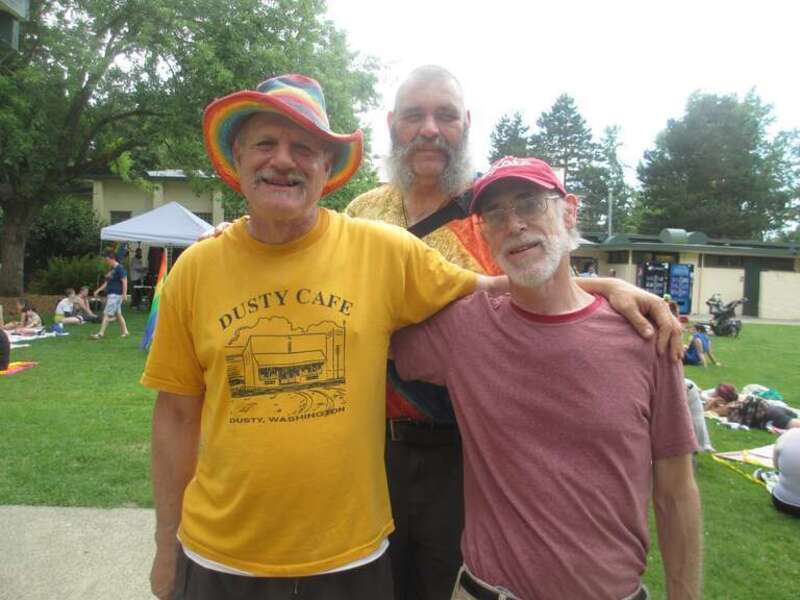 Robert Jack and Kevyn Jacobs.  I'm wearing my Dusty Cafe T shirt.  Dusty is a tiny place on the highway west of Pullman, WA.  It used to have a cafe that was popular with local farmers; the Dusty Cafe.  I've stopped there while on the way to my home