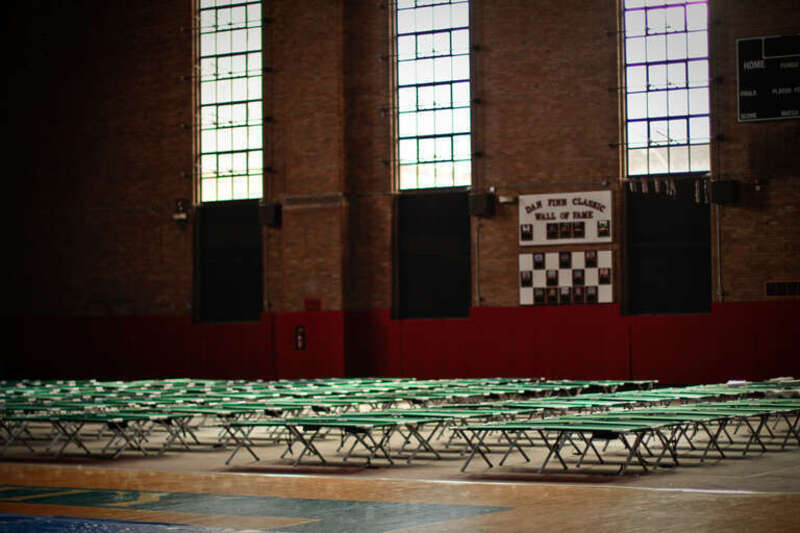 Empty cots await guests at the Jersey City Armory, Jersey City, N.J., on Oct. 31. The Jersey City Armory is prepared to take on 1,000 plus local displaced citizens who have evacuated areas damaged by Hurricane Sandy, providing them with medical