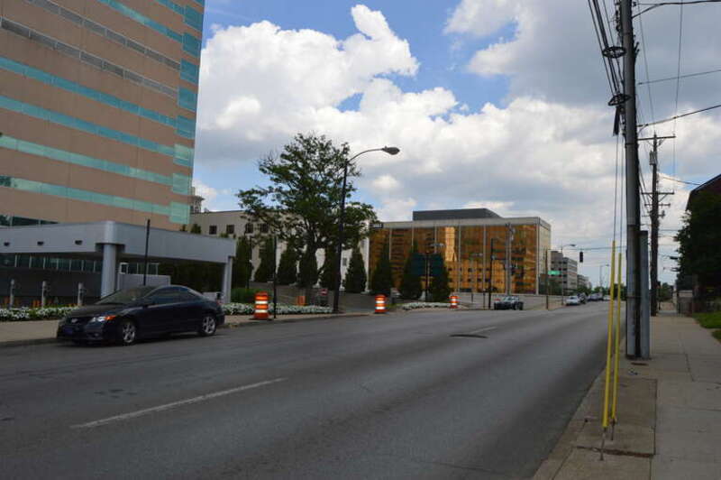 Looking east along the 200 block of W. High Street in Lexington, Kentucky, United States.  This was formerly the site of the West High Street Historic District, a historic district that was listed on the National Register of Historic Places in 1969;