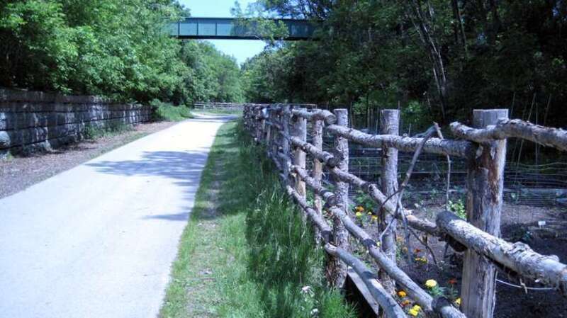 Oak Leaf Trail in Milwaukee, with community gardens alongside trail. Portion of trail here is located adjacent to Riverside Park (actually right through the middle) and the Urban Ecology Center on Milwaukee's East Side.