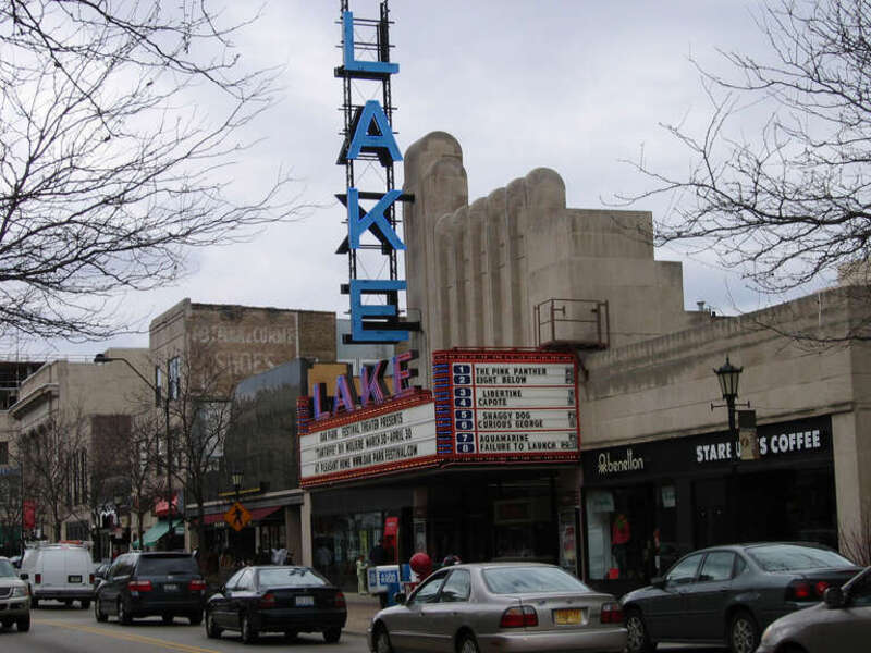 The Lake Theater (Classic Cinemas) and shops along Lake Street in Oak Park, Illinois.