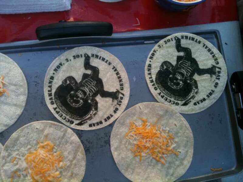 Occupy Oakland designs on a tortilla made out of chocolate. Made on-site the morning of the Nov. 2 strike.