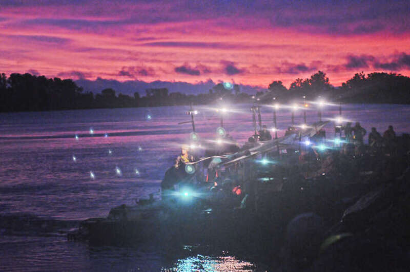 U.S. Army combat engineers with the 671st Engineer Company (Multi-Role Bridge), await to deploy Mark II bridge erection boats to push bridge sections together during Operation River Assault at Fort Chaffee, Ark., July 24, 2013. (U.S. Army photo by