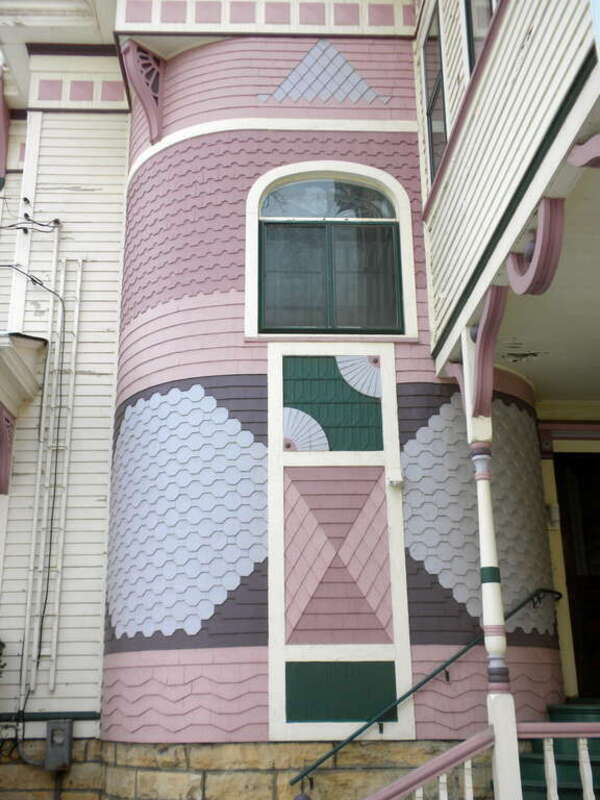 Ora Pelton House.  On NRHP sinceAugust 12, 1982	214 S. State St., Elgin, Illinois on bluff above west side of Fox River.  Very victorian house.  This is a detail, probably a stairwell