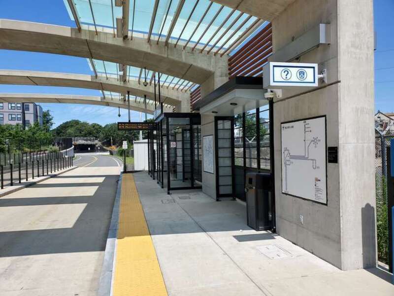 The outbound platform at Box District station in July 2021