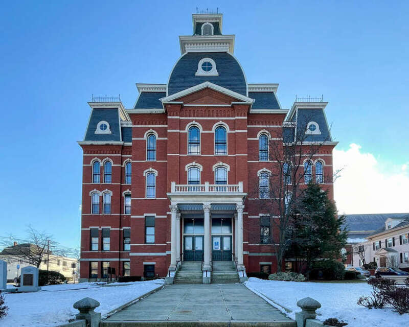 Front view of Peabody City Hall after a snowfall in Peabody, Massachusetts