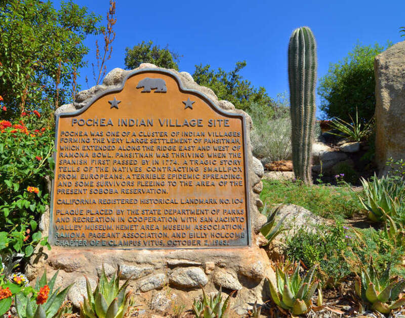 Historical marker at &quot;SITE OF INDIAN VILLAGE OF POCHEA.&quot;
At the Ramona Bowl, 27400 Ramona Bowl Road (S. Girard Street), Hemet, California.
Pochea was one of a cluster of Luiseno Indian villages forming the very large settlement of Pahsitnah, which