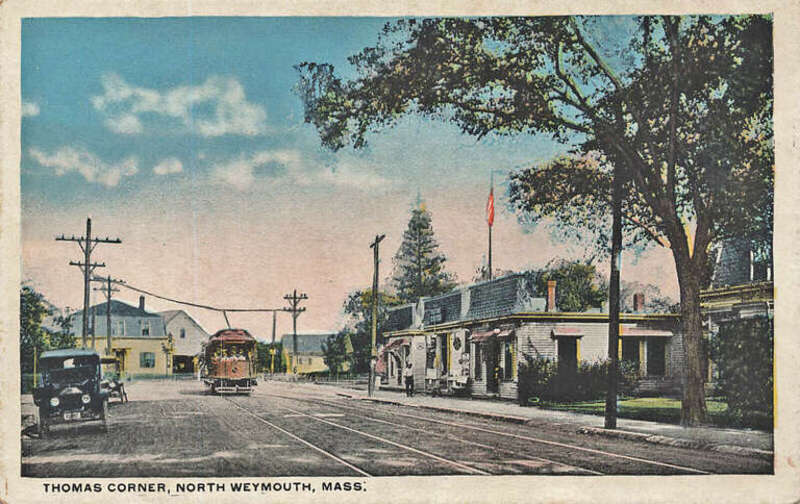 White border postcard of a streetcar on Sea Street in North Weymouth