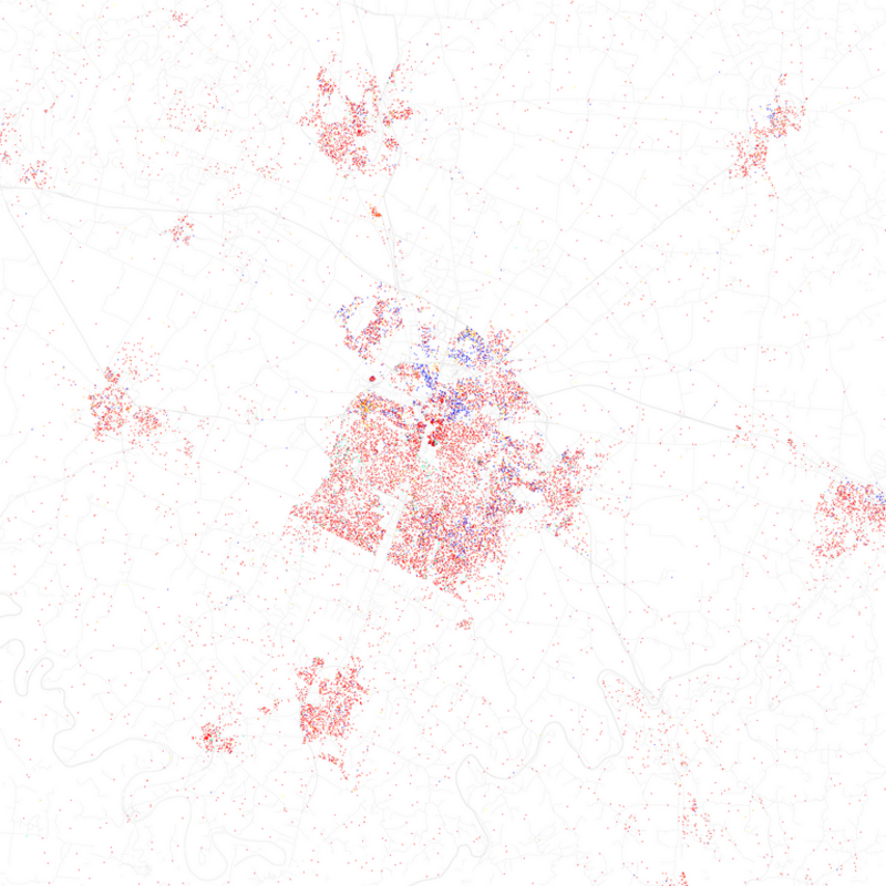 Maps of racial and ethnic divisions in US cities, inspired by Bill Rankin's map of Chicago, updated for Census 2010.
Red is White, Blue is Black, Green is Asian, Orange is Hispanic, Yellow is Other, and each dot is 25 residents.

Data from Census