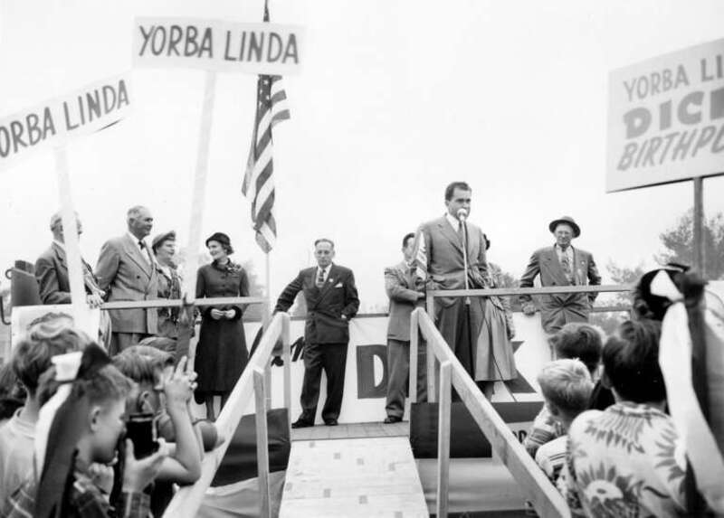 Photo taken at a campaign rally in Richard Nixon's hometown of Yorba Linda California, during his sucessful 1952 campaign as the vice presidential candidate for Dwight D. Eisenhower. This photo was taken in Fall 1952.
There are no known copyright