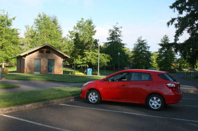 In case you can't figure out what the 3 necessities are . . . a good car, a nearby restroom, and a great park for an early morning walk. The park is Rood Bridge Park in Hillsboro, Oregon. The car is my red Toyota Matrix.