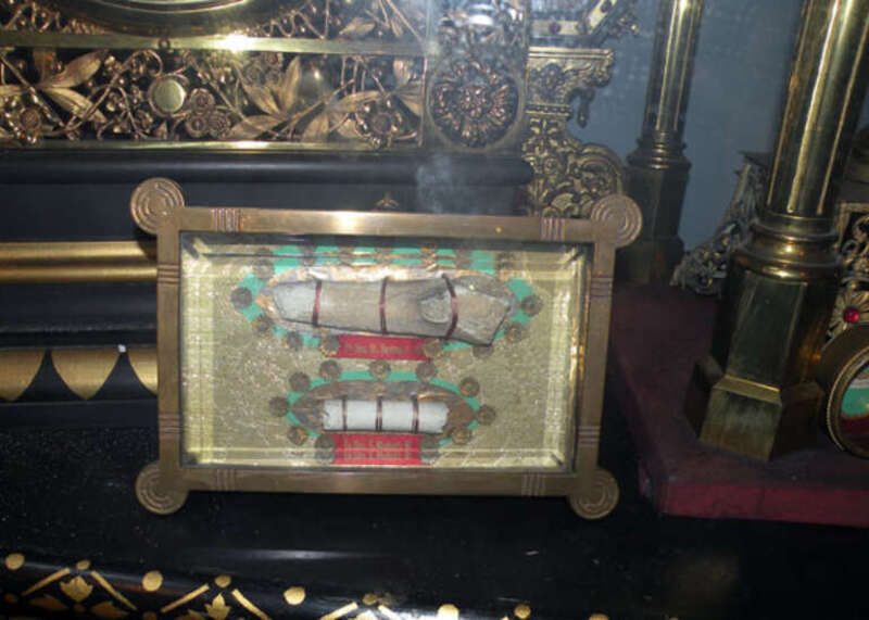 The bones of Saints (top listed as &quot;Ex Oss. St. Beatay. V. M.&quot;, and bottom listed as &quot;Ex Oss. S. Modesti. M.&quot;) located at Saint Anthony's Chapel (Shrine of Saint Anthony of Padua) located at 1700 Harpster Street in the Troy Hill neighborhood of