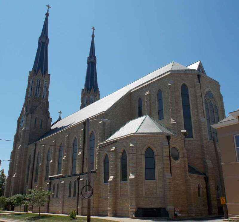 The north corner of Saint Mary's Cathedral in Peoria, Illinois.  It is a contributing property in the North Side Historic District.