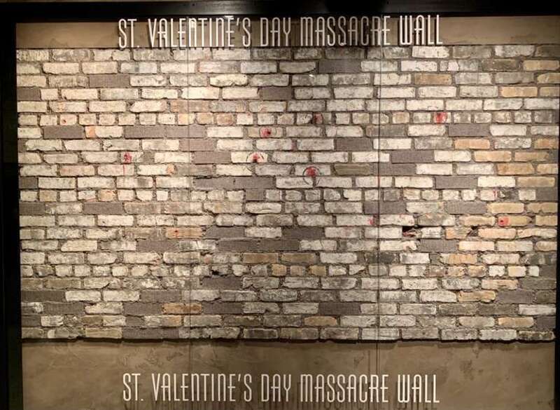 Saint Valentine's Day Massacre wall at the Mob Museum in Las Vegas, Nevada.