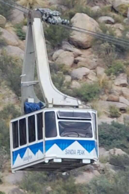 Sandia Peak Tramway car ascending.  Taken using 55-200 mm f/4-5.6G ED AF-S DX Zoom-Nikkor Lens.