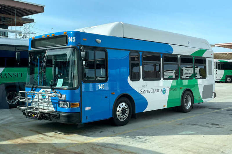 A 29 ft (8.8 m) Gillig Low Floor CNG bus of Santa Clarita Transit parked at the City of Santa Clarita Transit garage.