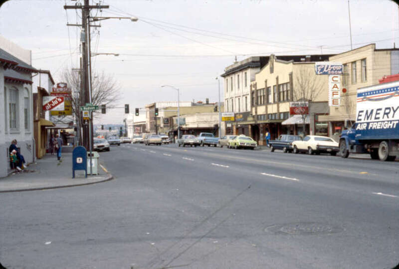 Rainier Avenue South looking north from South Hudson Street, Columbia City, Seattle, Washington, U.S., circa 1977.