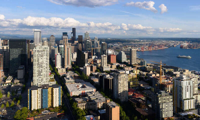 Three-segment panoramic view from Space Needle, Seattle.