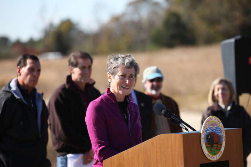 U.S. Department of the Interior Secretary Sally Jewell speaking at Edwin B. Forsythe National Wildlife Refuge to announce Hurricane Sandy resiliency funding.
Photo credit: Keith Shannon/USFWS