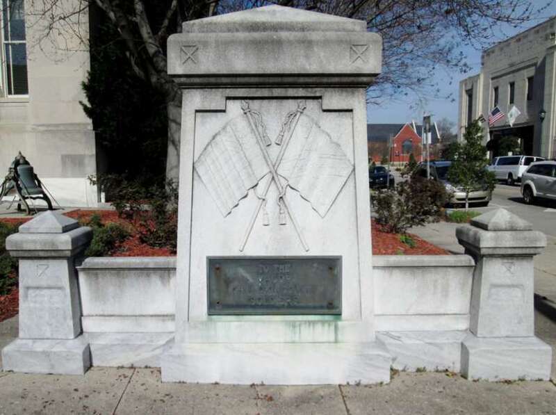 This soldiers' monument stands at the corner of Nash and Goldsboro Streets in Wilson, North Carolina, to the right of the Wilson County Court House.  The plaque in front reads: &quot;TO THE / VALOR / OF WILSON COUNTY / SOLDIERS&quot;.  On the back of the