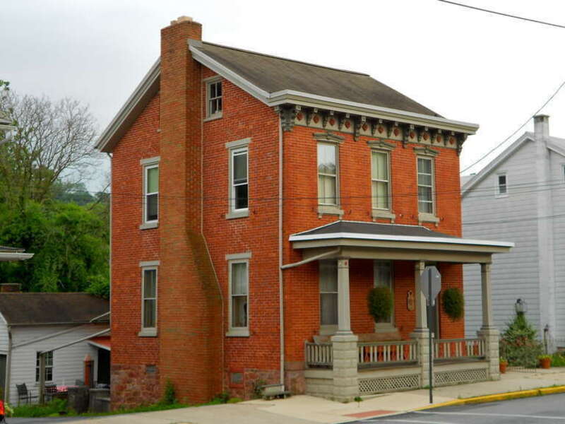Building on Main Street, Adamstown, Lancaster County, Pennsylvania. About 81 East Main, across from St Paul's Lutheran, at the corner with Church St.