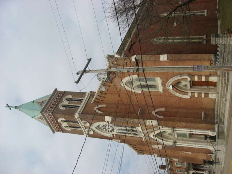 Front and southern side of St. Joseph's Catholic Church, located at 430 Church Street in Bowling Green, Kentucky, United States.  Built in 1870, it is listed on the National Register of Historic Places, and it is part of a Register-listed historic